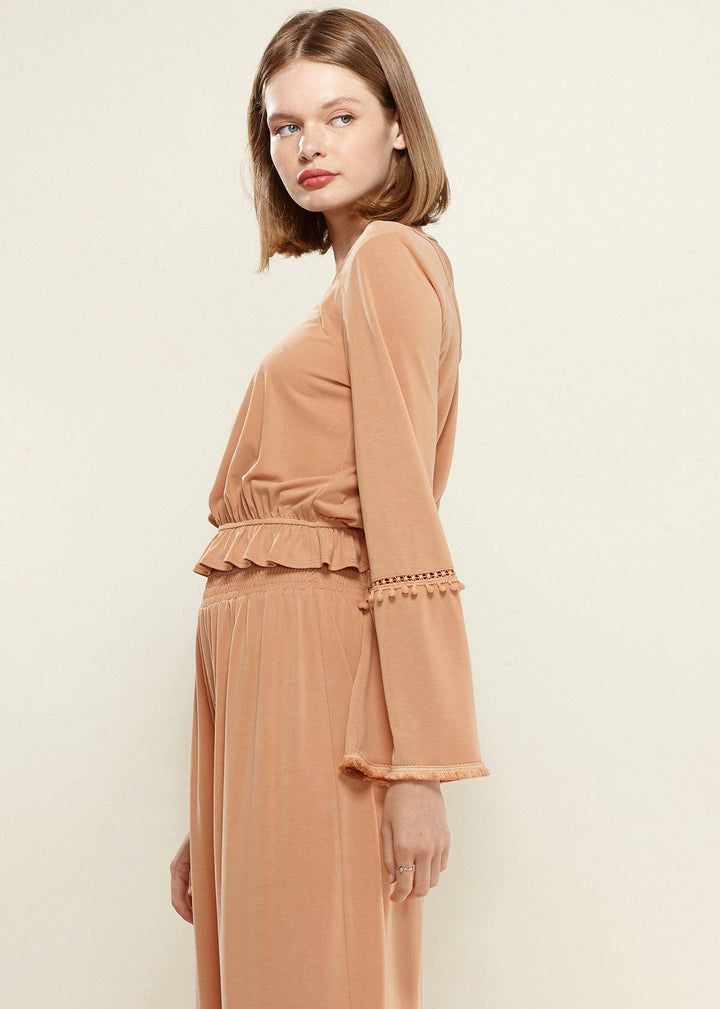 Women's Fringe Cuff Bell Sleeve Top in Apricot by Shop at Konus