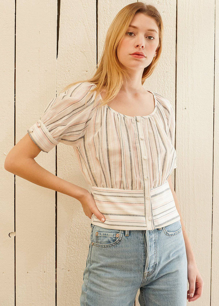 Multi Stripe Puff Sleeve S/s Top in Ecru Multi by Shop at Konus