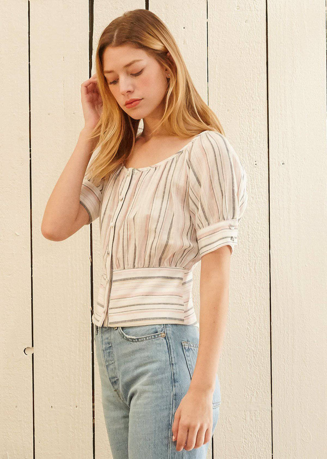 Multi Stripe Puff Sleeve S/s Top in Ecru Multi by Shop at Konus