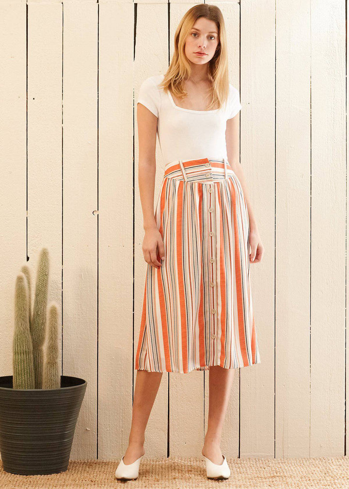 Women's Multi Stripe Button Front Midi Skirt in Rust Multi by Shop at Konus