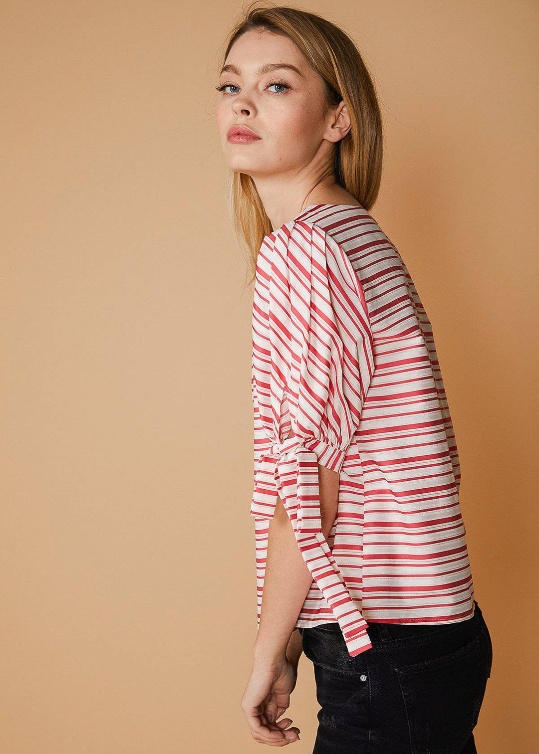 Satin Stripe Tie Sleeve Top in Lipstick Stripe by Shop at Konus