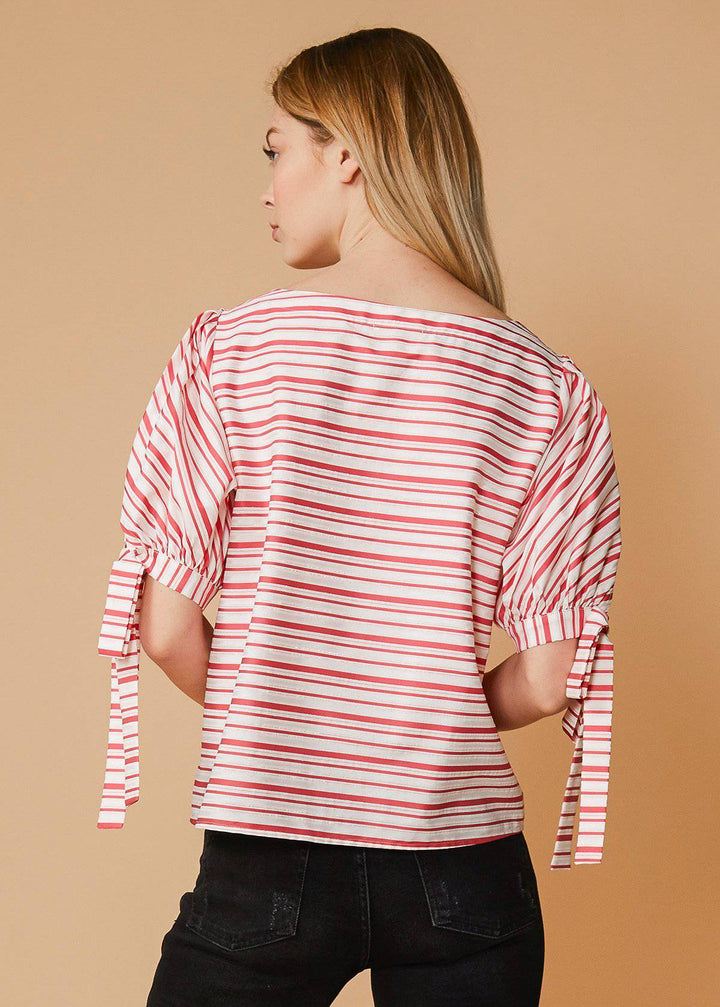 Satin Stripe Tie Sleeve Top in Lipstick Stripe by Shop at Konus