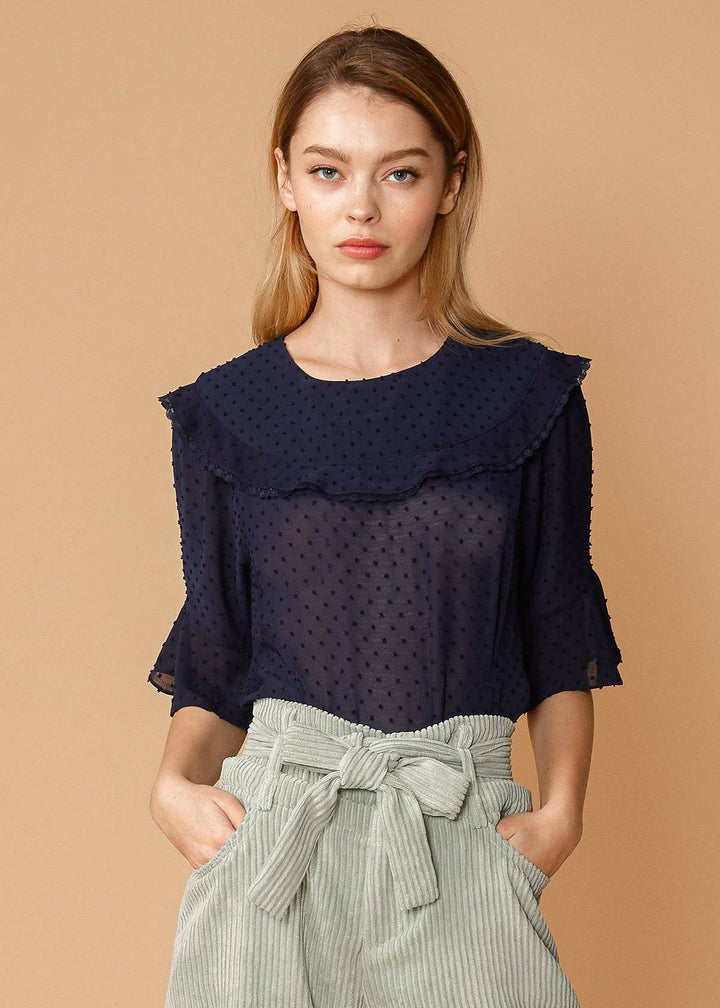 Women's Swiss Dot Ruffle Sleeve Top in Midnight by Shop at Konus