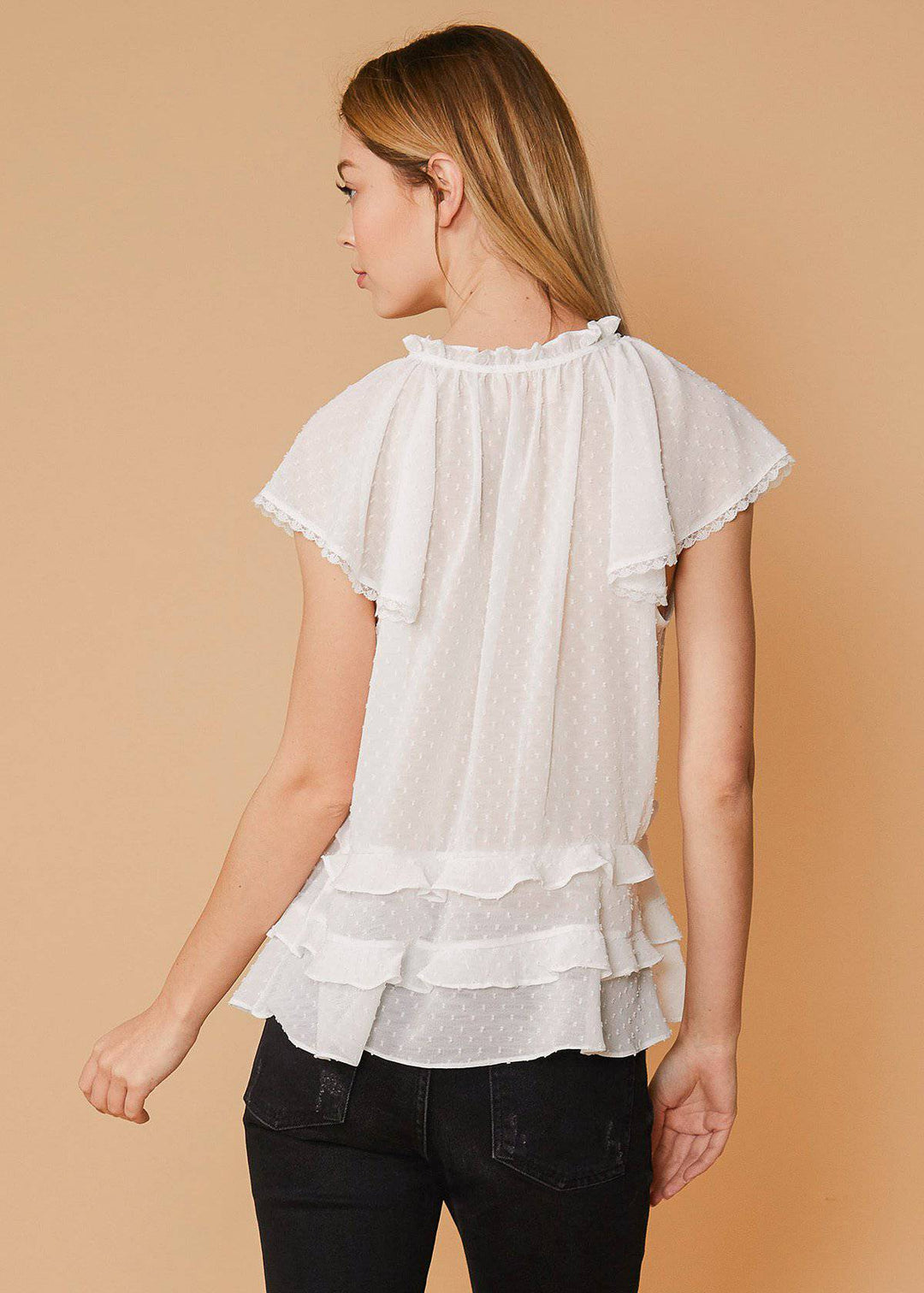 Swiss Dot Layered Ruffle Top in White by Shop at Konus