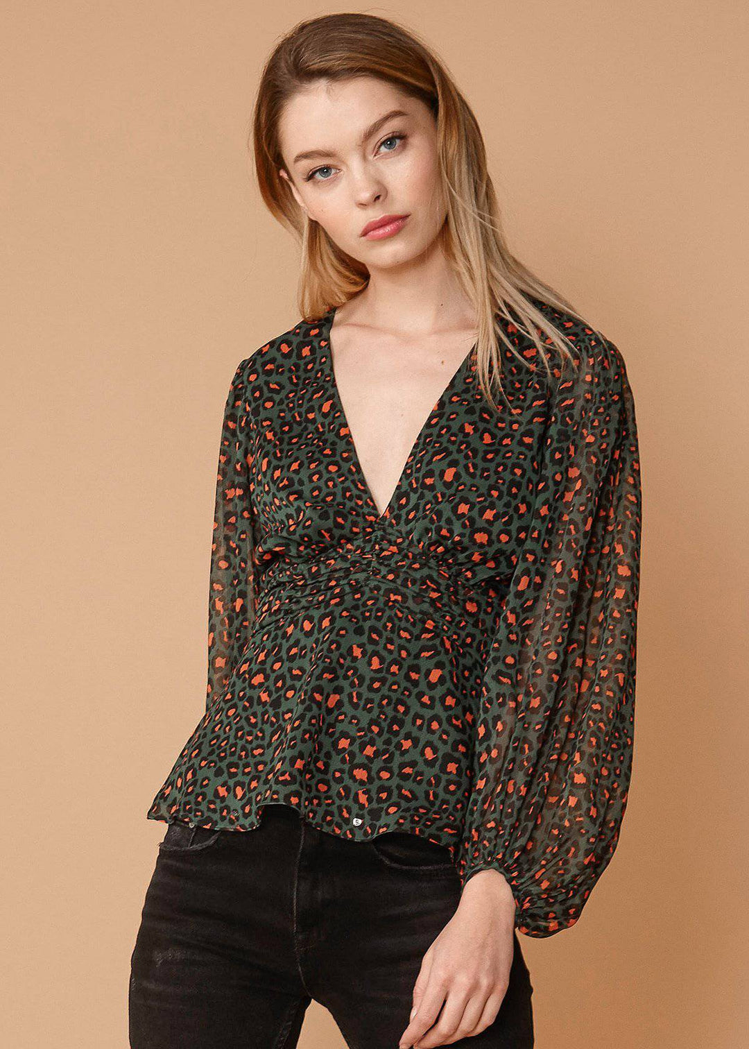 V-neck Puff Sleeve Blouse in Leopard Hunt by Shop at Konus