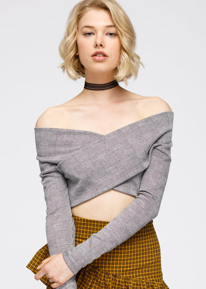 Glen Plaid Off Shoulder Crisscross Crop Top In Grey by Shop at Konus