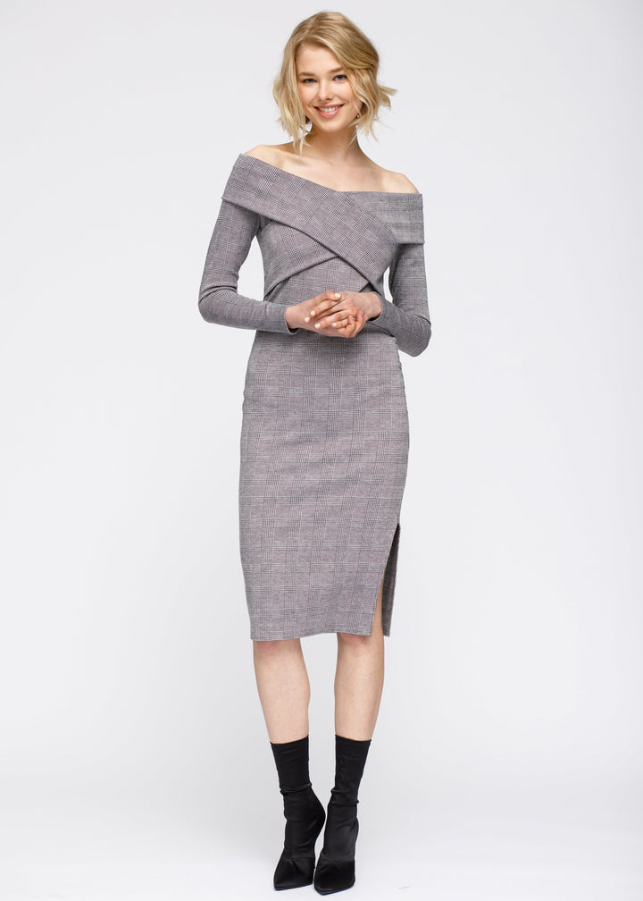 Glen Plaid Off Shoulder Crisscross Dress In Grey Black by Shop at Konus