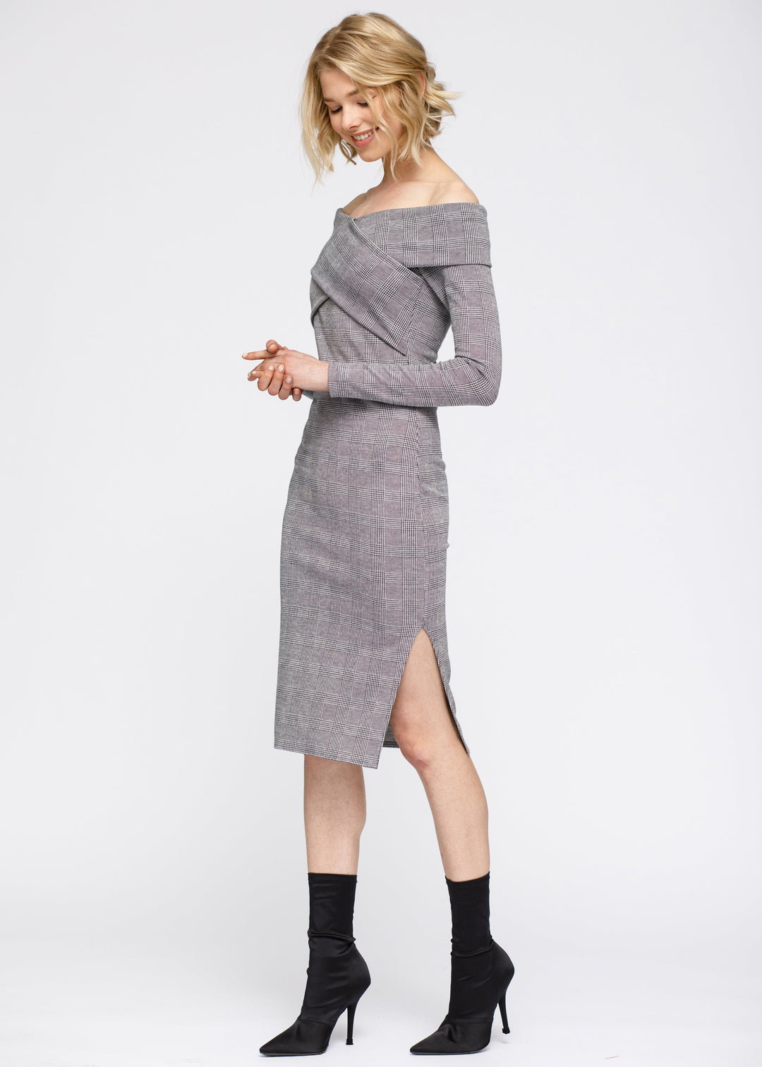 Glen Plaid Off Shoulder Crisscross Dress In Grey Black by Shop at Konus