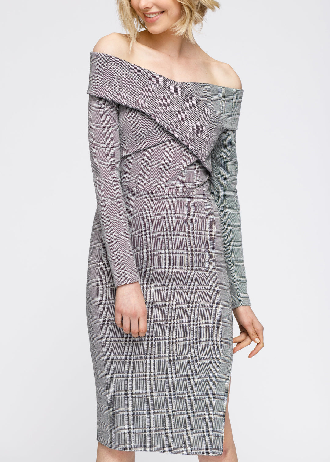 Glen Plaid Off Shoulder Crisscross Dress In Grey Black by Shop at Konus