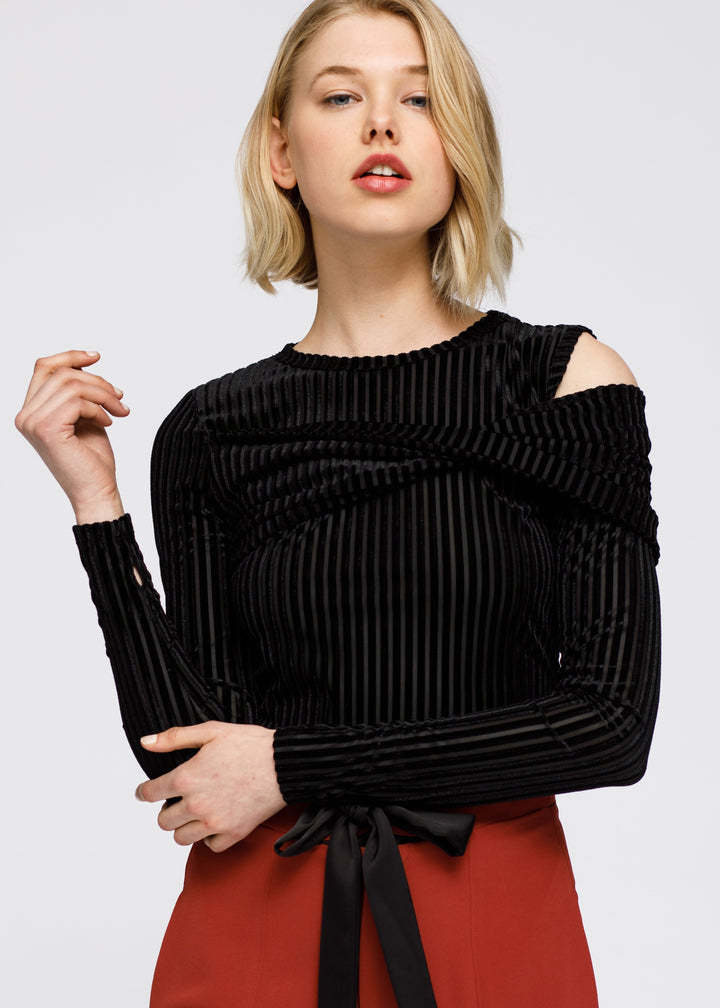 Open Shoulder Stripe Velvet Top by Shop at Konus