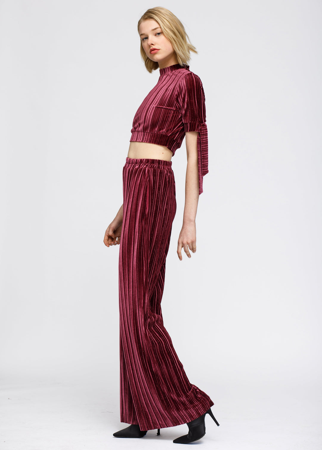 Velvet Wide Leg High Waist Pants In Mulberry by Shop at Konus