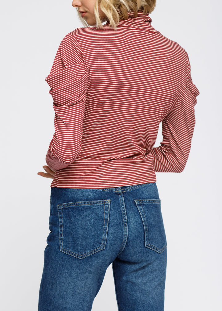 Turtle Neck Puff Sleeve Stripe Knit Top by Shop at Konus