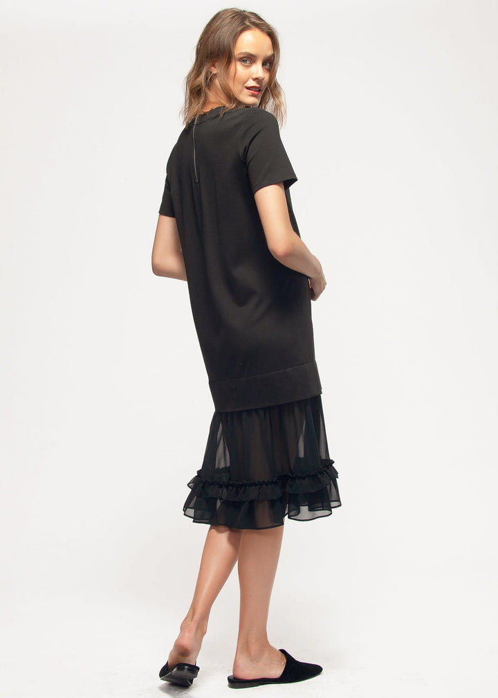 Sheer Contrast Ruffle Hem Midi Dress In Black by Shop at Konus