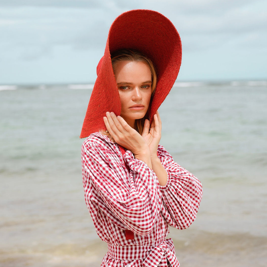 Lola Wide Brim Jute Straw Hat, in Red by BrunnaCo