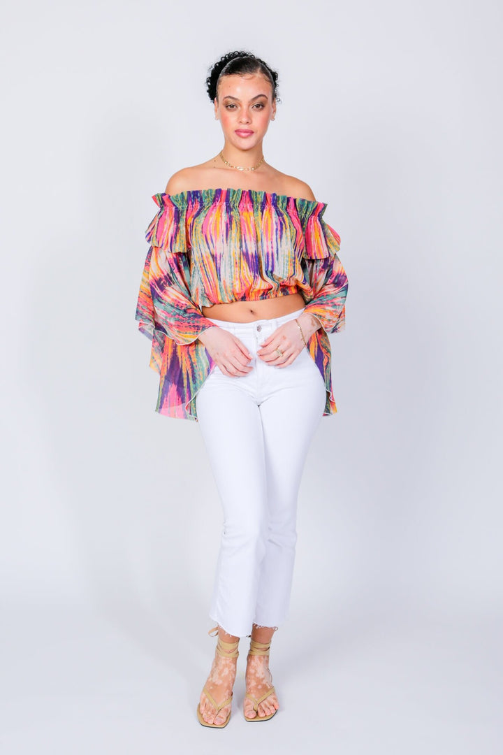 Bright Stripe Brittney Off The Shoulder Bell Sleeve Top by LUVMEMORE