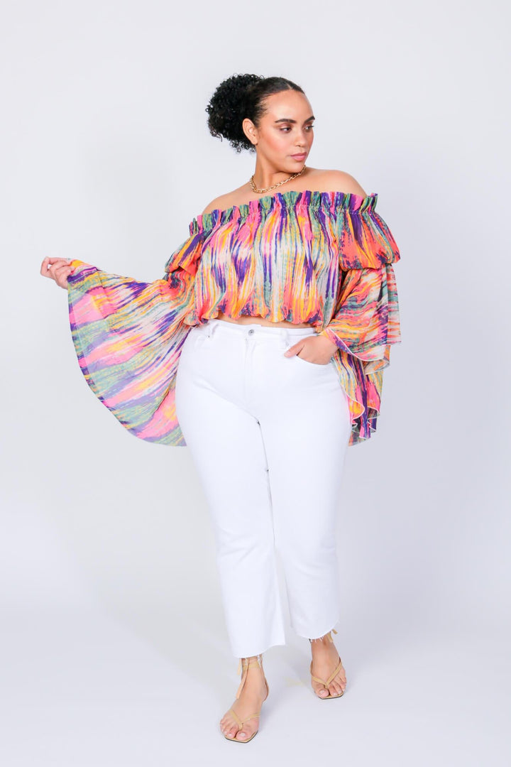 Bright Stripe Brittney Off The Shoulder Bell Sleeve Top by LUVMEMORE