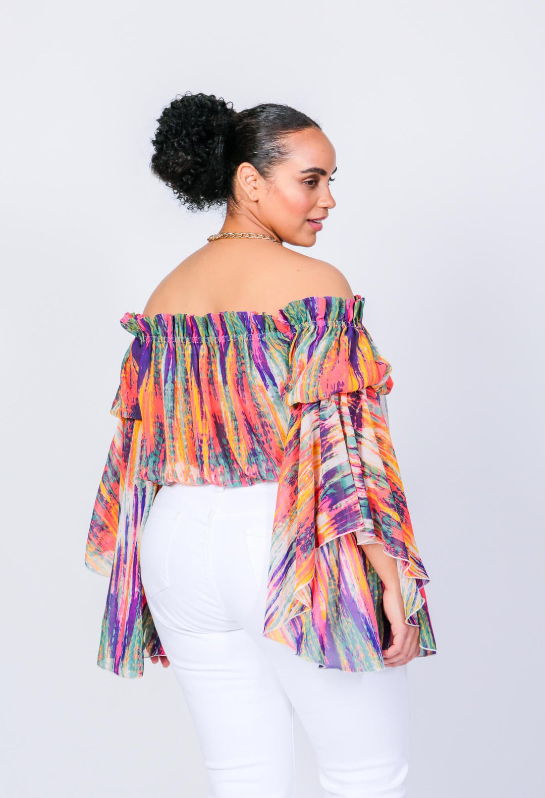 Bright Stripe Brittney Off The Shoulder Bell Sleeve Top by LUVMEMORE