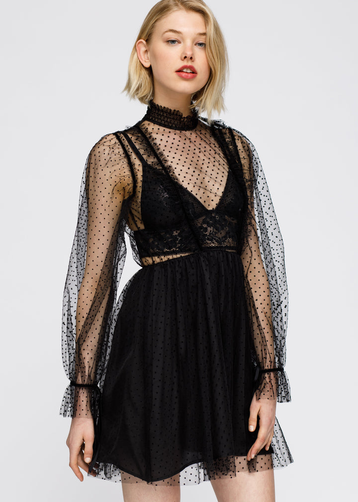 Polka Dot Mesh Smocked Neck Flare Dress In Black by Shop at Konus