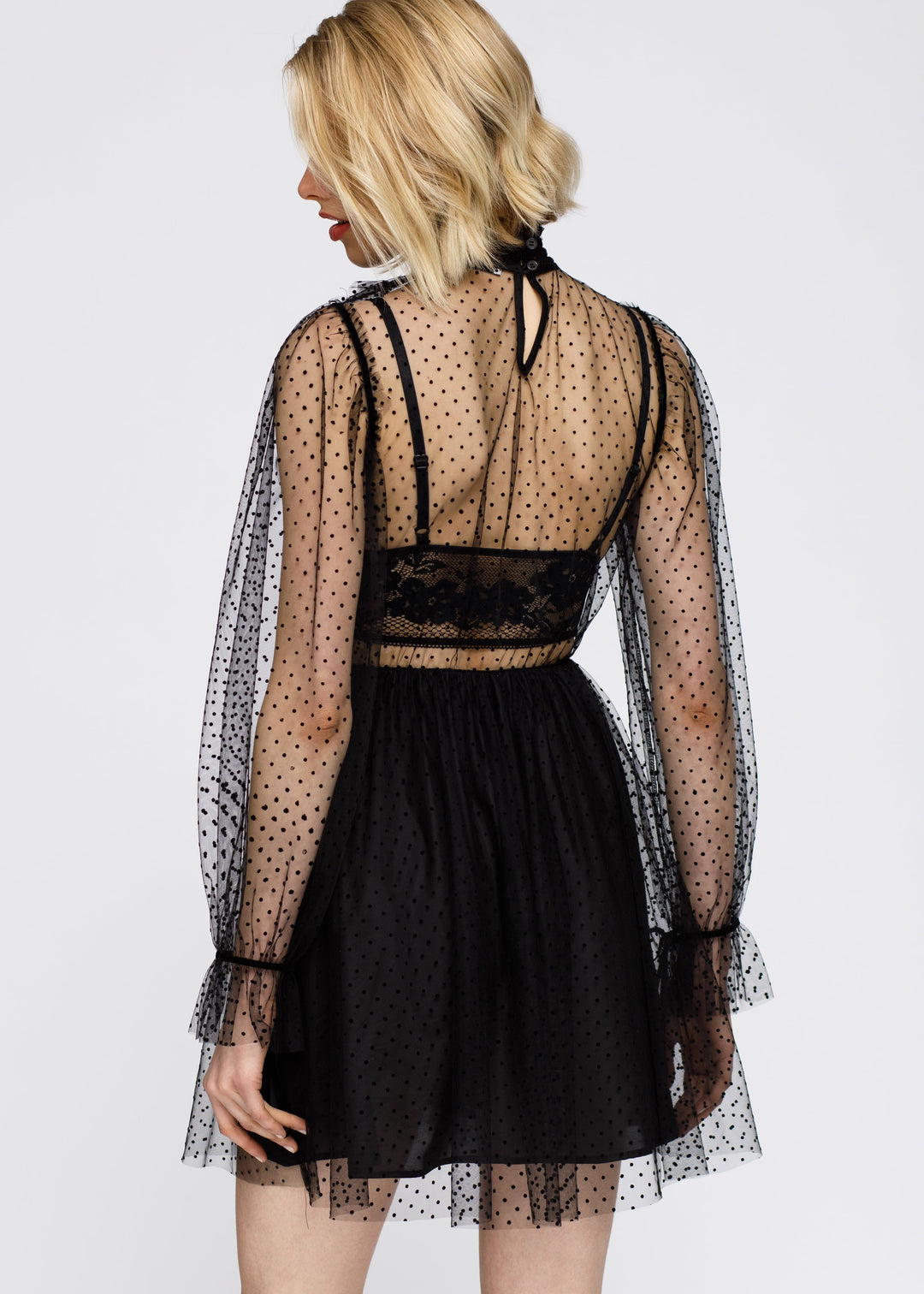 Polka Dot Mesh Smocked Neck Flare Dress In Black by Shop at Konus