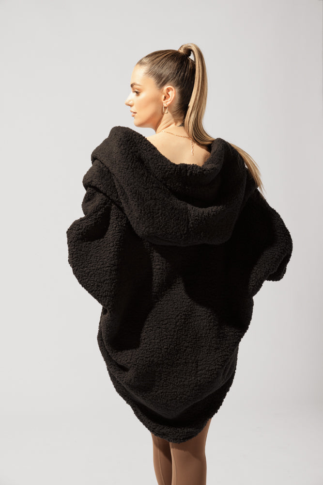 Faux Sherpa Cocoon Coat - Black by POPFLEX®