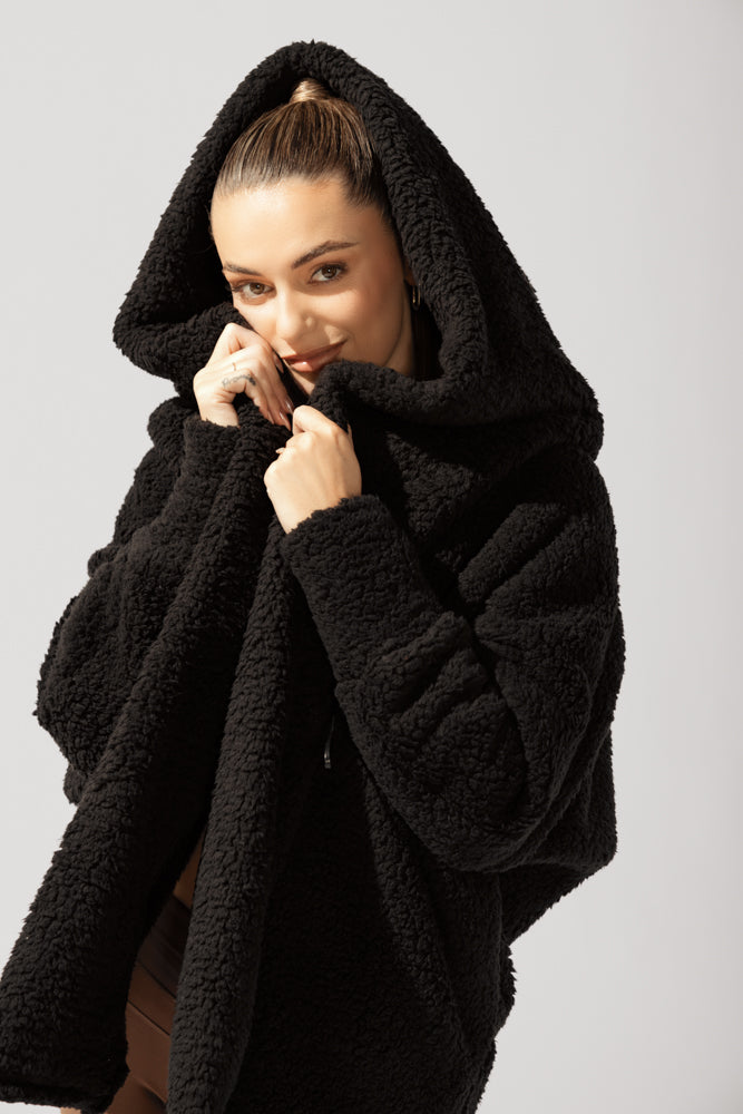 Faux Sherpa Cocoon Coat - Black by POPFLEX®