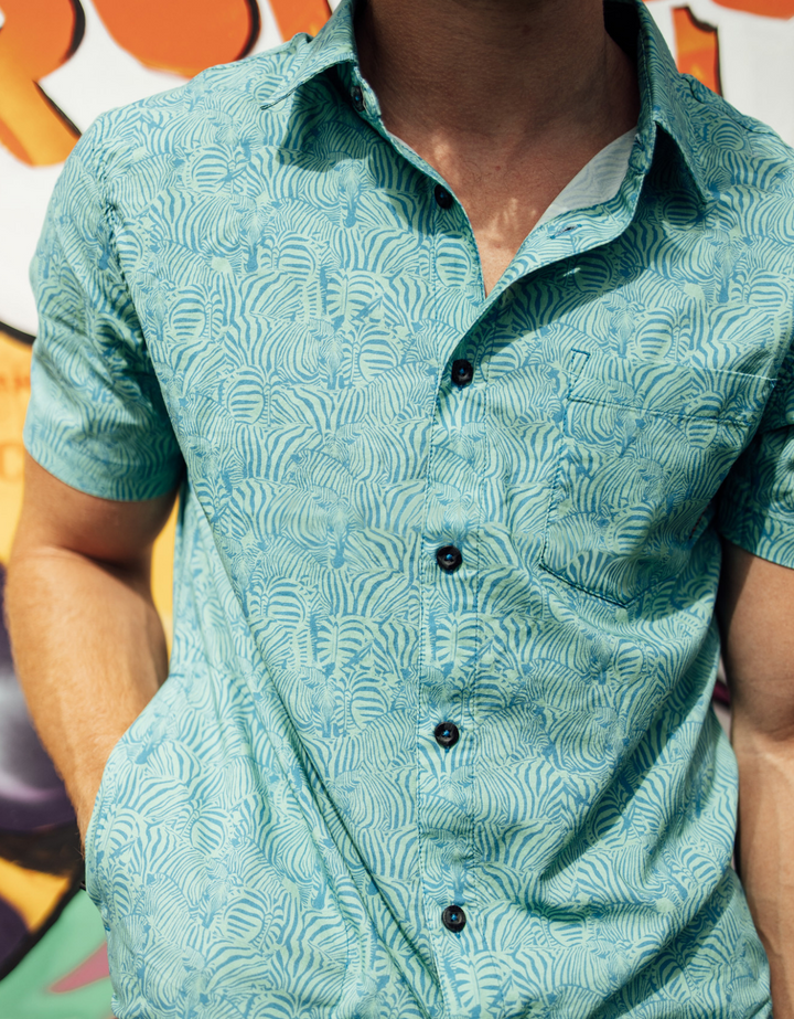 TOO MANY LINES - TURQUOISE ZEBRA  7-SEAS™ BUTTON UP by Bajallama