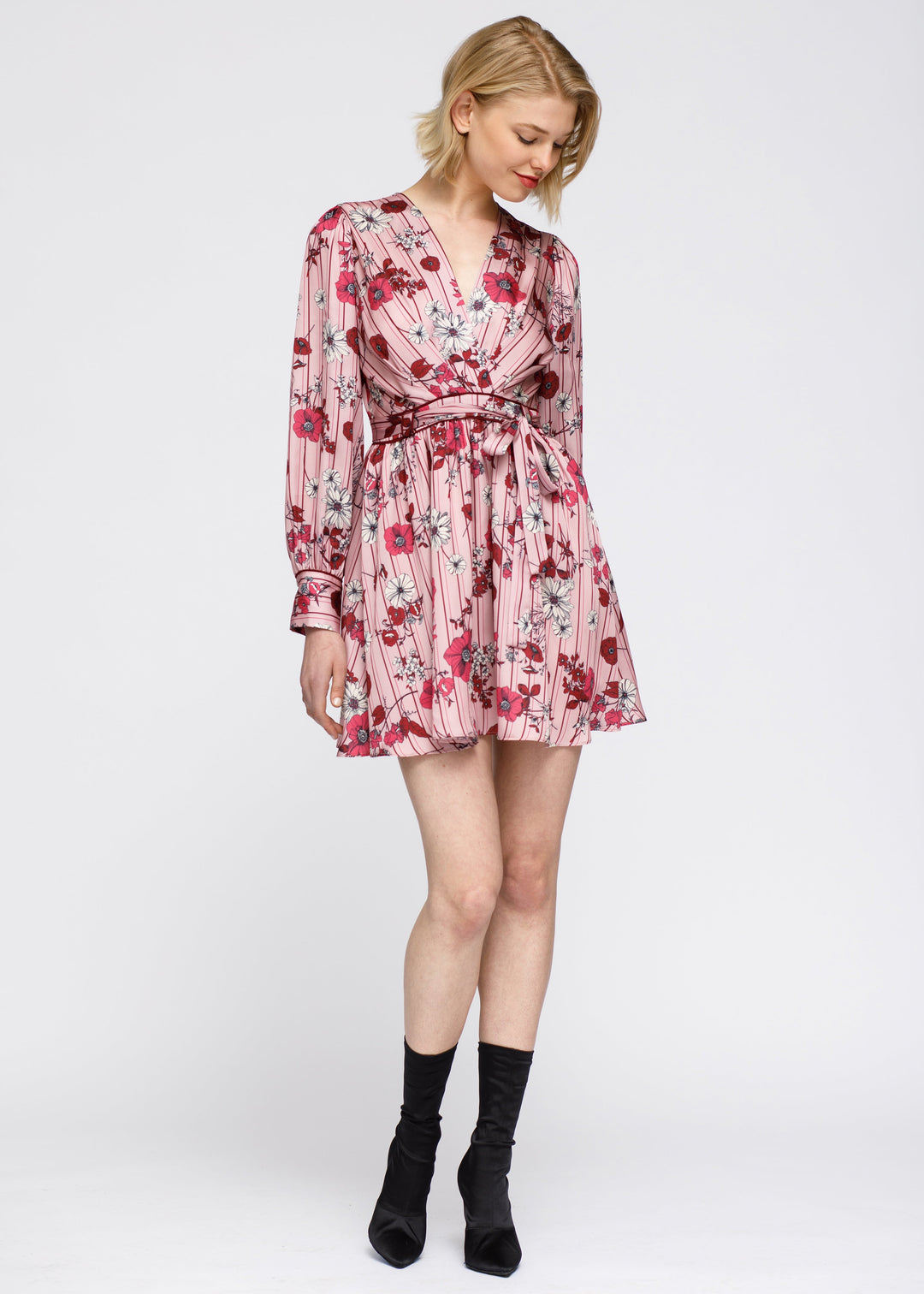 Pajama floral Satin Wrap Front Flared Dress by Shop at Konus