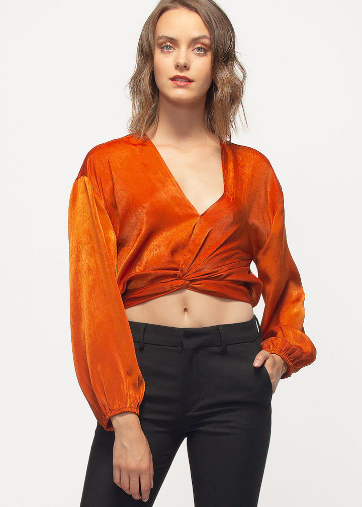 Women's Twist Front Cropped Washed Satin Top by Shop at Konus