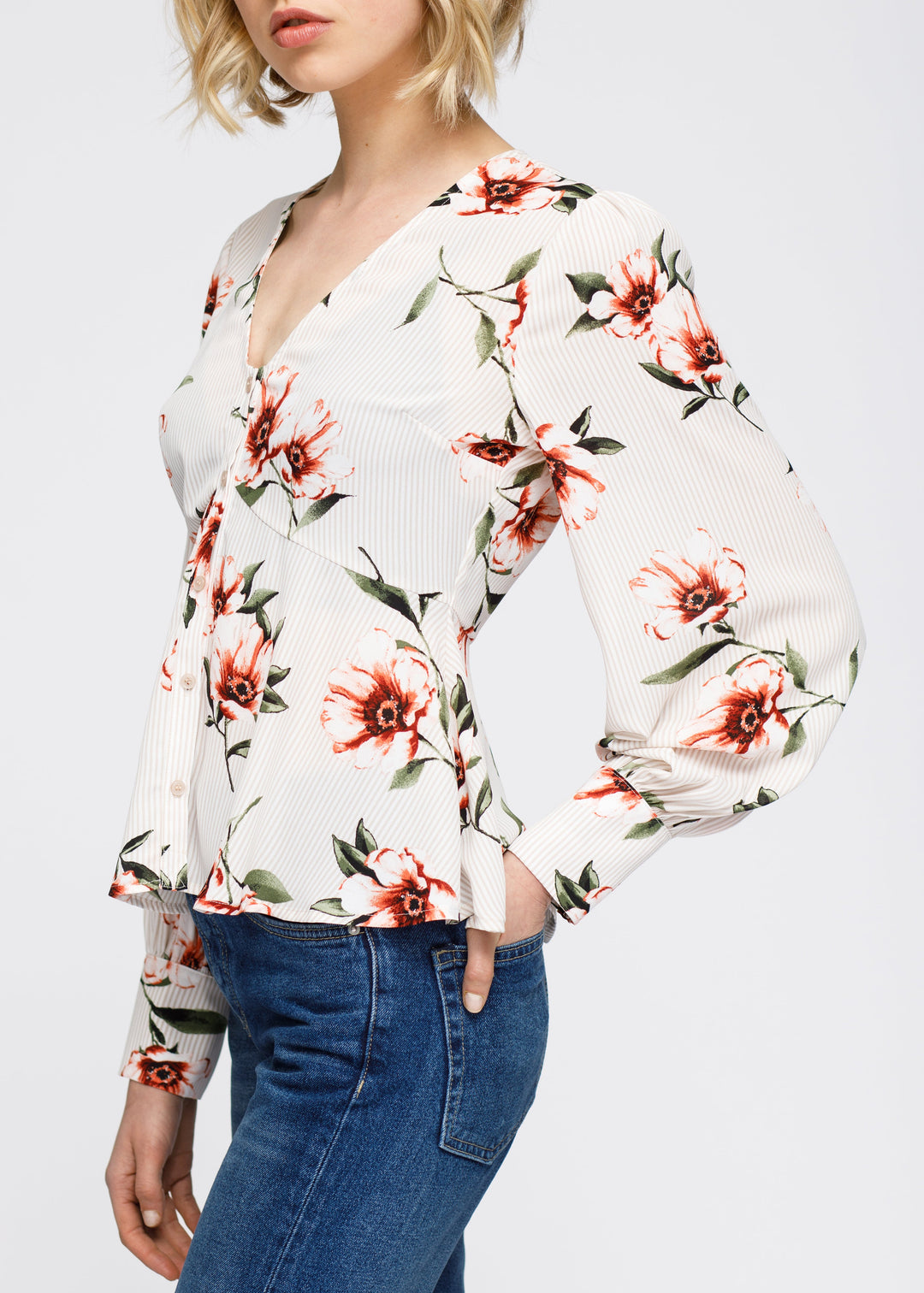 Rust flower Empire waist peplum Blouse In Taupe by Shop at Konus