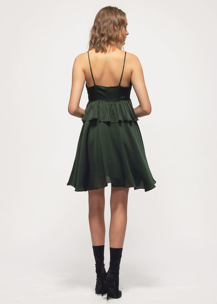 Deep V-neck Ruffle Baby Doll Dress In Hunter Green by Shop at Konus