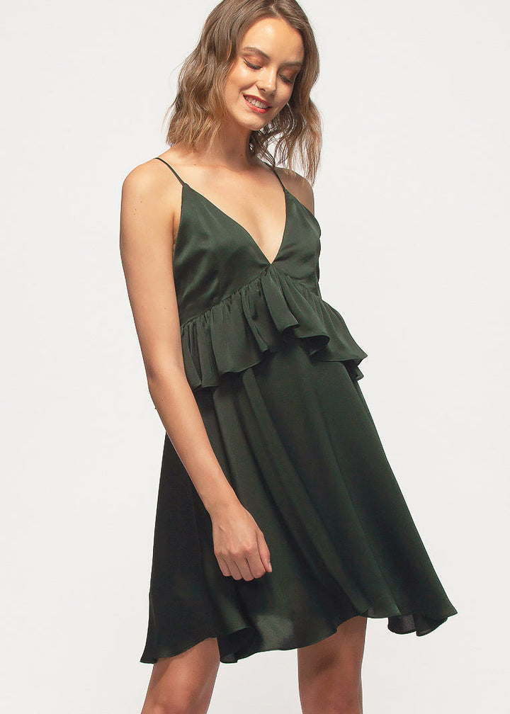 Deep V-neck Ruffle Baby Doll Dress In Hunter Green by Shop at Konus