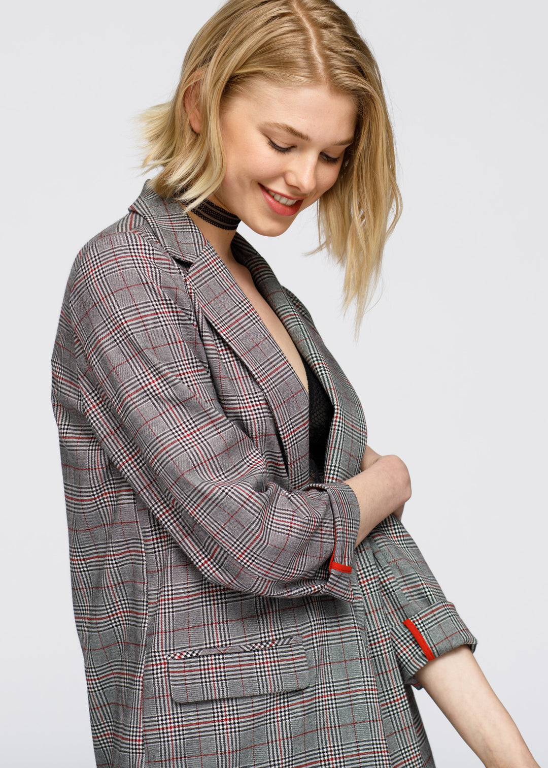 Women's Multi Glen Plaid Blazer In Grey Plaid by Shop at Konus