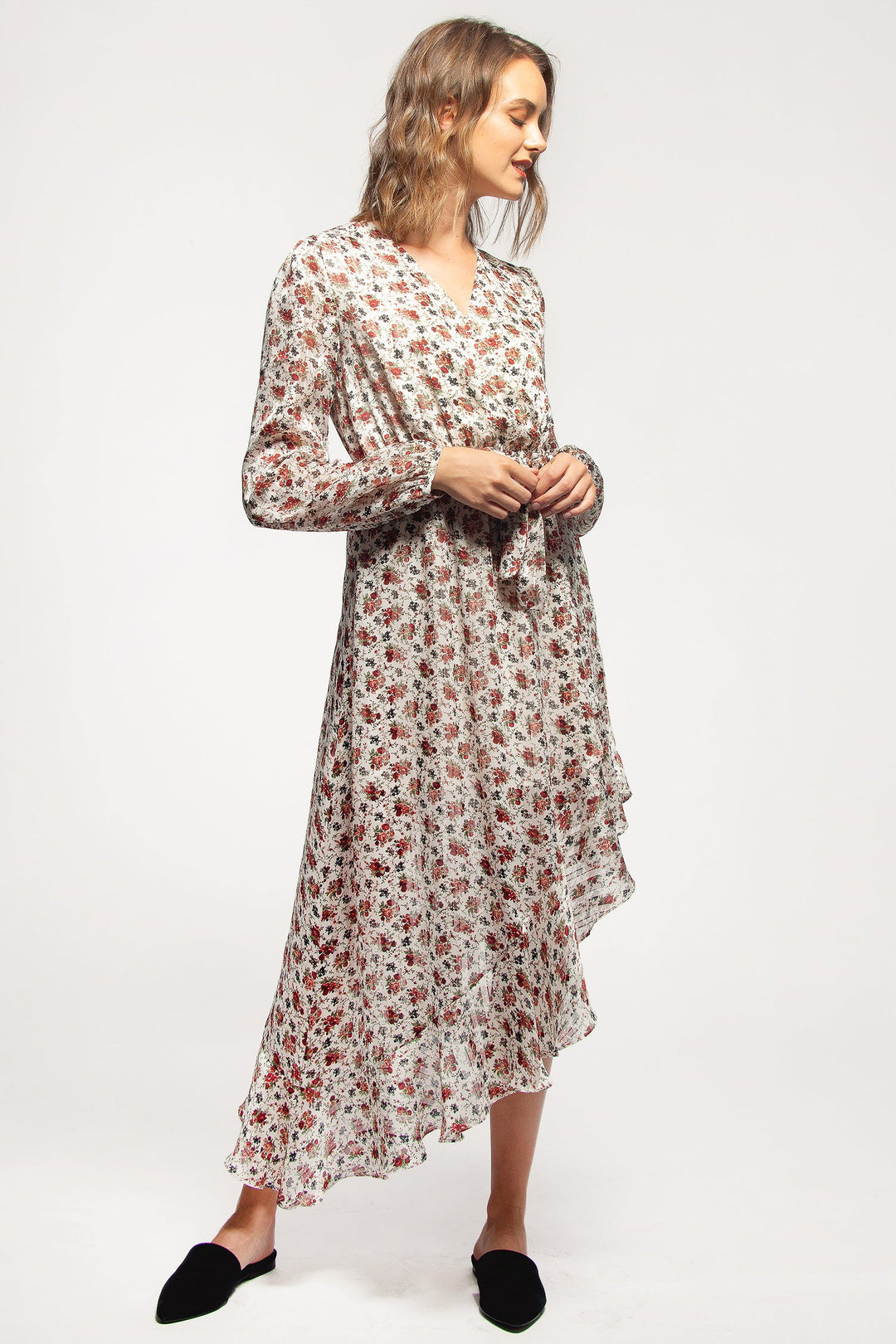 Floral Asymmetrical Ruffle Hem Wrap Dress In Victoria Garden by Shop at Konus