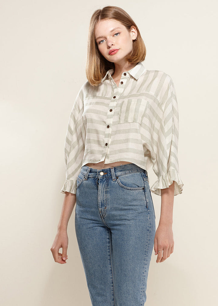 Women's Button Down Cropped Shirt In Sage by Shop at Konus