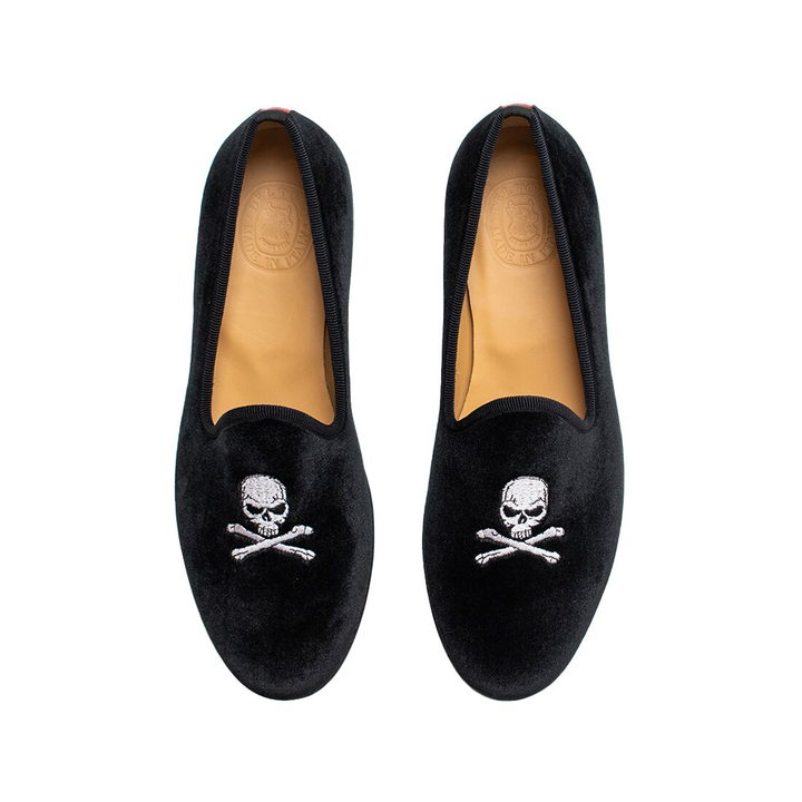 Men's Black Velvet Slipper II with Skull & Bone by Del Toro Shoes